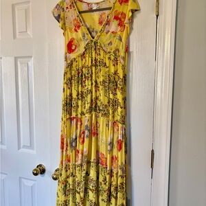 Band of the Free Yellow Floral Tiered Boho Maxi Dress Small NWT Viscose